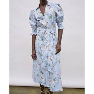 Zara Blue Striped/Floral Button Down Shirt Dress